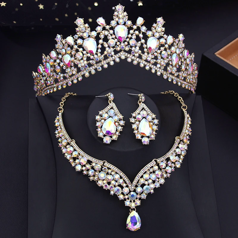 Gorgeous 3 pcs Necklace Earrings with Crystal Tiaras and Crowns for Bride Wedding Dress Banquet Dubai Jewelry Sets Costume Prom