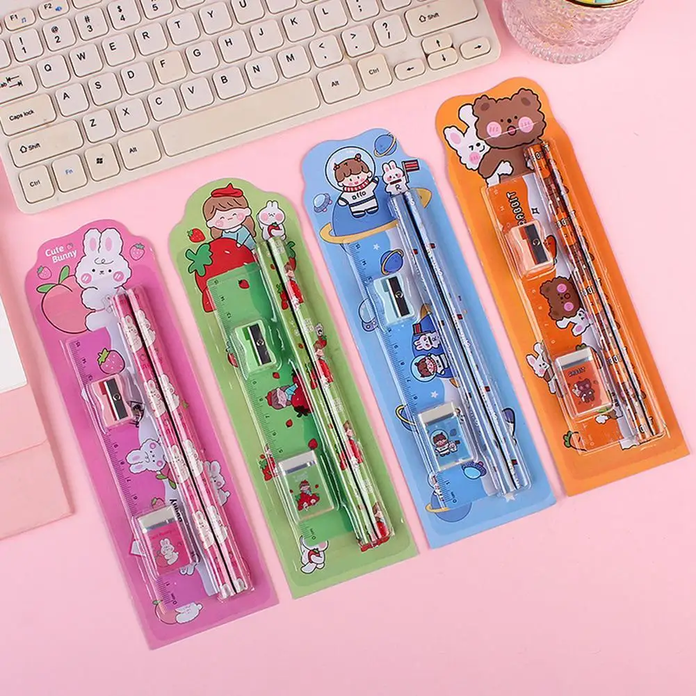 5pcs Cute Cartoon Pencil Set Pencil Sharpener Ruler Eraser Lápis Crianças School Supplies Set For Children's Day Gift