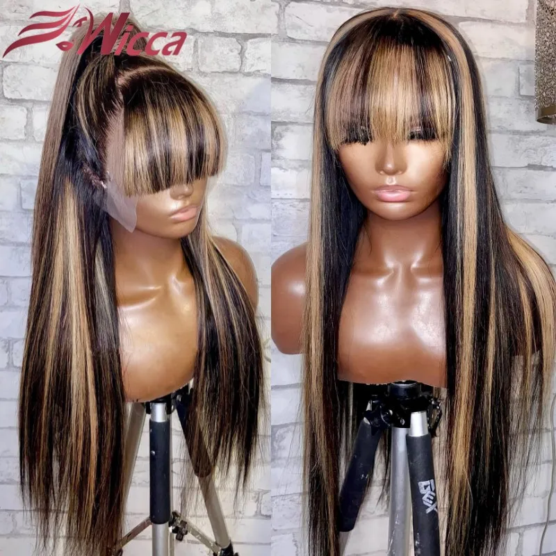 

Highlight 1B27 13x4 Lace Front Wig Human Hair Straight With Bangs Baby Hair Pre Plucked Lace Frontal Human Hair Wigs For Women