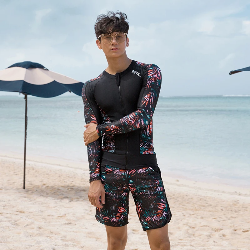 New Korean Style Men&lsquo;s Rush Guard Long Sleeve Swimsuit UPF 50+ Surfing Shirt+Shorts+Leggings Rashguard Set For Male Plus L-3XL