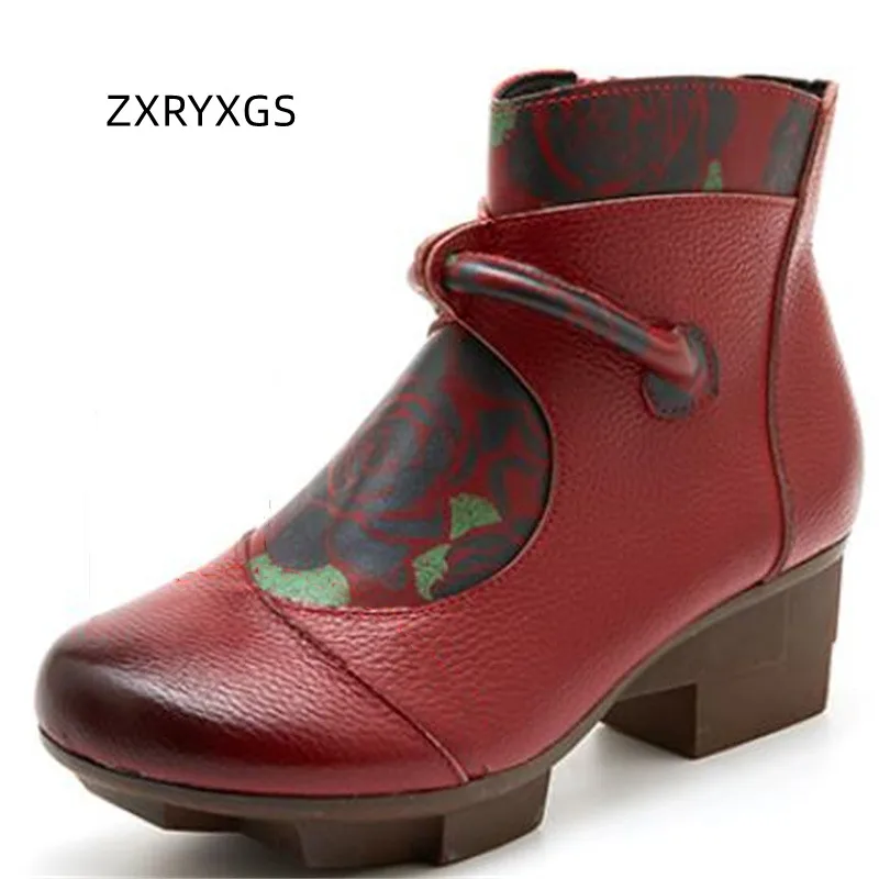 

ZXRYXGS High Quality Cowhide Printed Women Fashion Boots 2022 Autumn Leather Boots Thick Heel Banquet Wedding Boots Trend Shoes