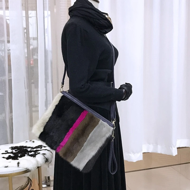 Elegant Luxury Women's Fur Bag High Quality Mink Fur Striped Design Envelope Bag Fashion Trend Plush Square Bag