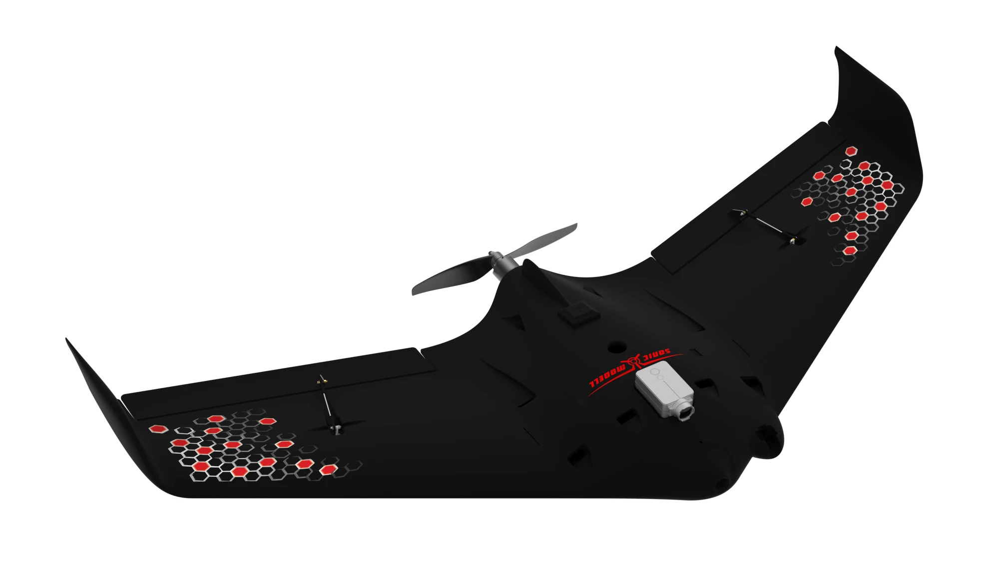 L'Avion RC EDF 70mm KIT Jaune 6S 12Blade PNP Volant en vol, avec le paysage en arrière-plan.