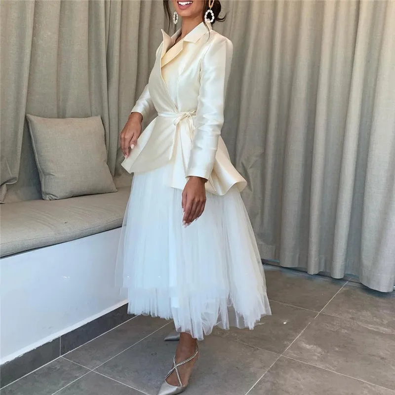 

Vintage Saudi Arabic Women Two Pieces Evening Dresses Long Sleeves Coat Prom Dress Tulle Tea Length Formal Party Gowns Out