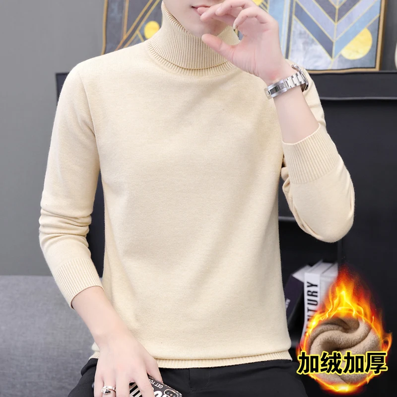 Winter Men's New Fashion Casual High Neck Solid Color Long Sleeved Loose and Comfortable Plush Thickened Versatile Knitted Top