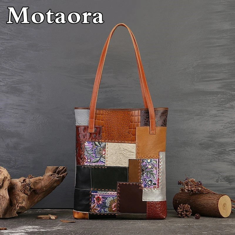 MOTAORA Vintage Handmade Random Patchwork Bags For Women 2024 New Leather Tote Bags Luxury Designer Handbags Large Women's Bag