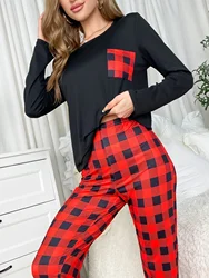 Stylish Two - Piece Black and Red Striped Pajama Set with Long Sleeve Top - M (Black)
