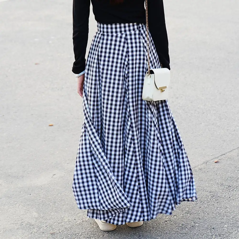 

Plaid Long Skirts Women Bohemian Skirts Sexy High Waist Maxi Line Elastic Women A Skirts Swing Long Casual Large Dress U9O9