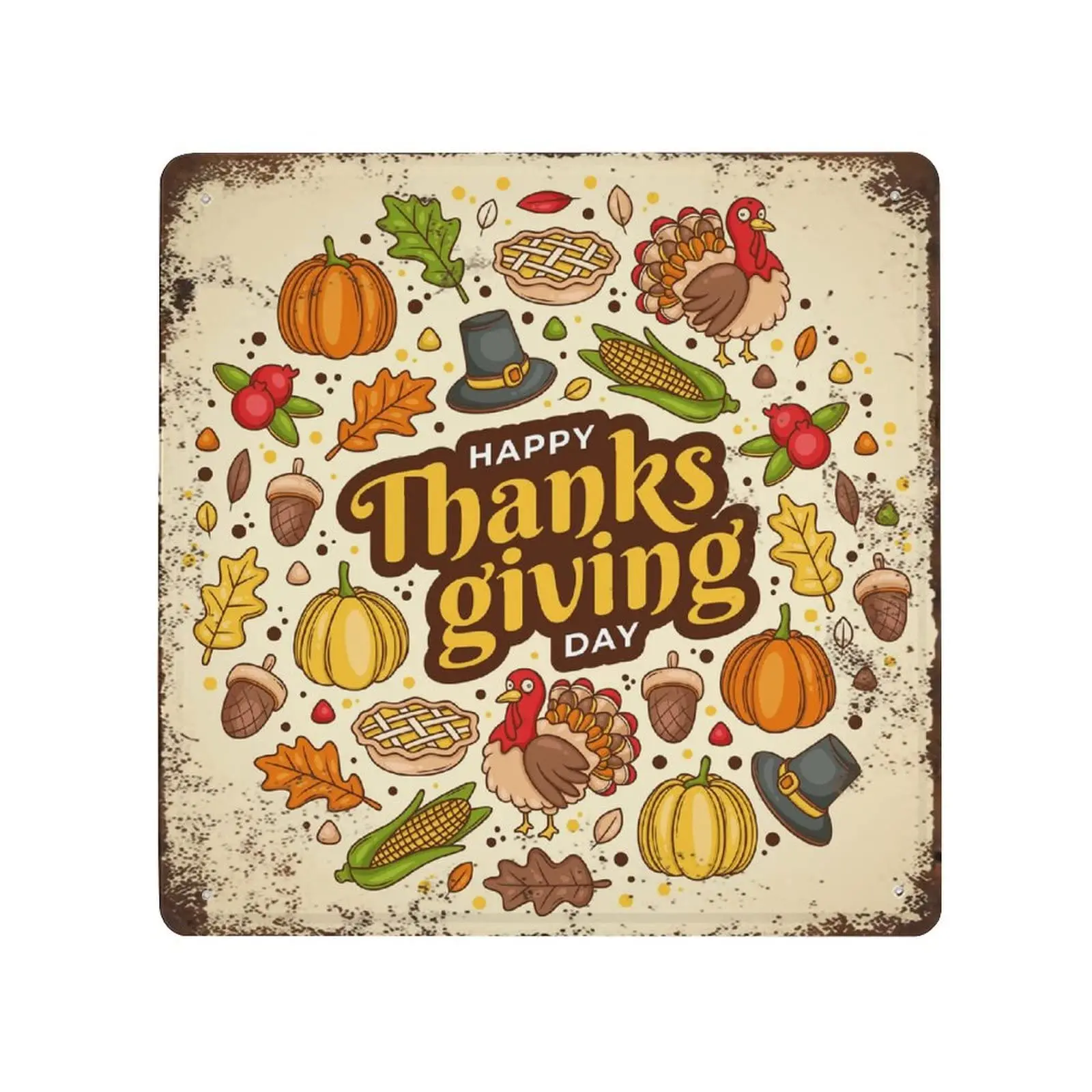 

Shabby Durable Thick Metal Sign,Happy Thanksgiving Day with Turkey Square Tin Sign,Vintage Wall Decor