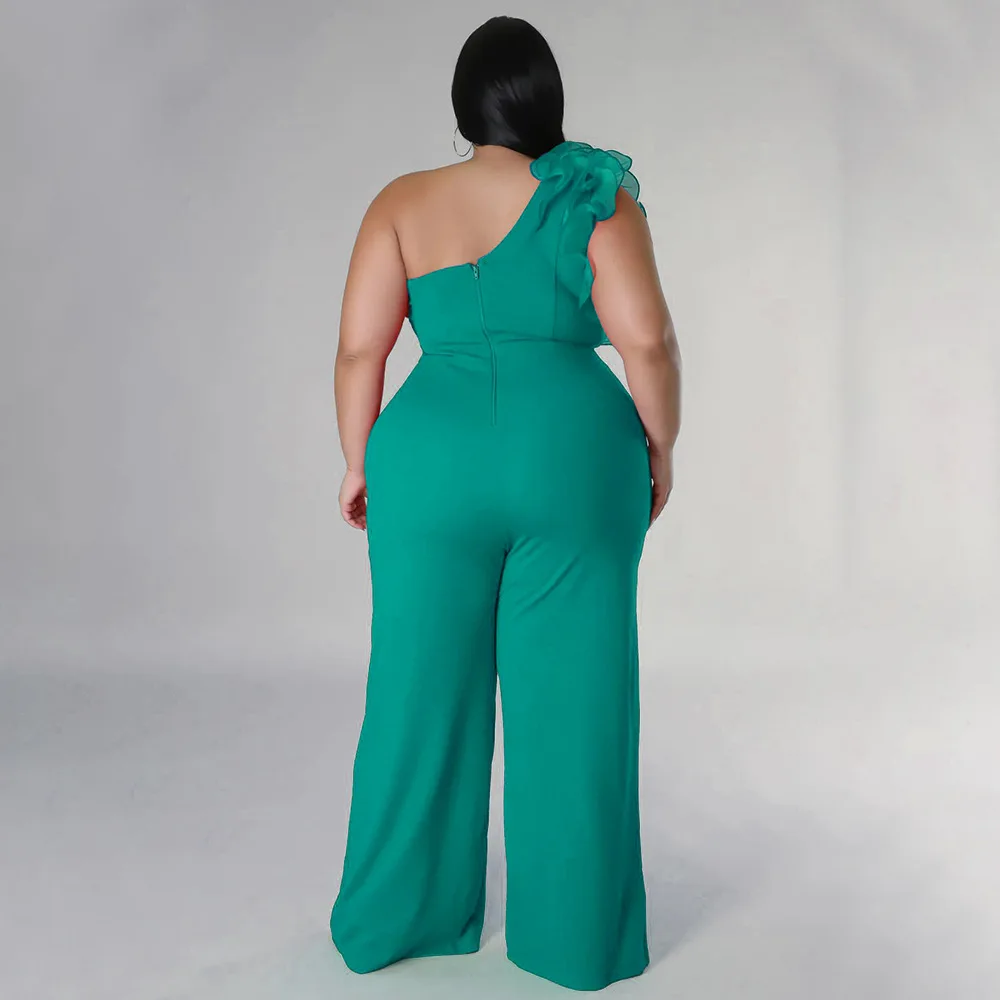 Plus Size One Piece Clothing Women Mesh One Shoulder Casual Outfit Lady Wide Leg Pants 2023 Spring Female Fashion 4xl Jumpsuit