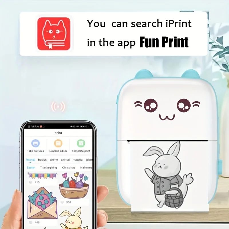 Wireless Mini Photo Thermal Printer, with Mobile App, USB Charging, Suitable for Thermal Paper, Suitable for Photos and Notes