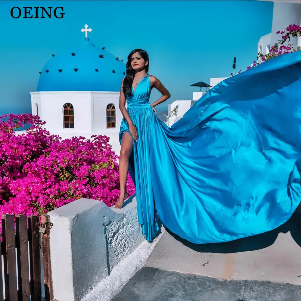 OEING Float Long Sweep Train Prom Dress Photoshoot Satin Party Dress Sexy V-neck Silk Vestidos De Noche Vestidos De Gala women prom dresses