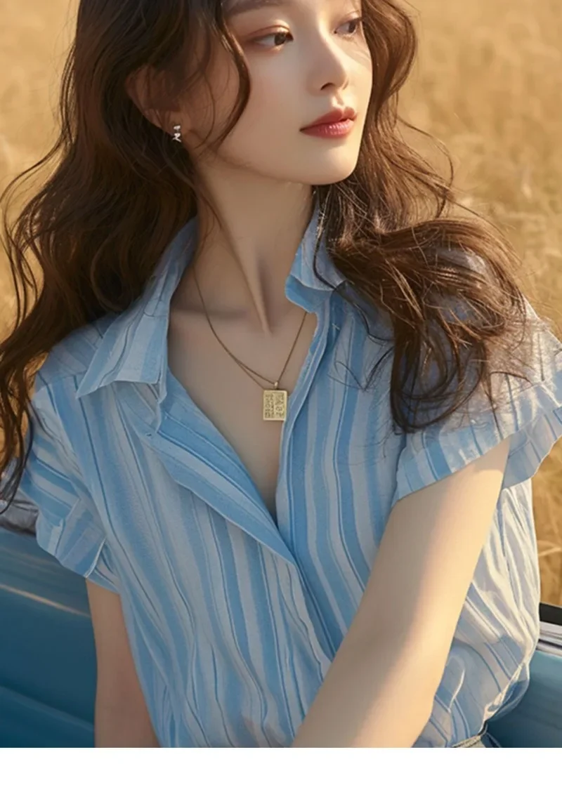 Chiffon Women's Shirt Summer Stripe Vintage Blouses Loose Short Sleeve Women Tops Polo-neck Fashion Clothing 2024 Korean
