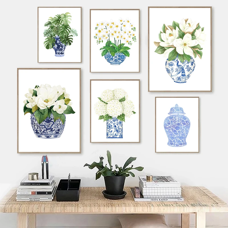 青と白の中国の花瓶キャンバスプリント白蘭 ピンク牡丹水彩シノワズリ装飾東洋の磁器アートの絵画 Painting Calligraphy Aliexpress
