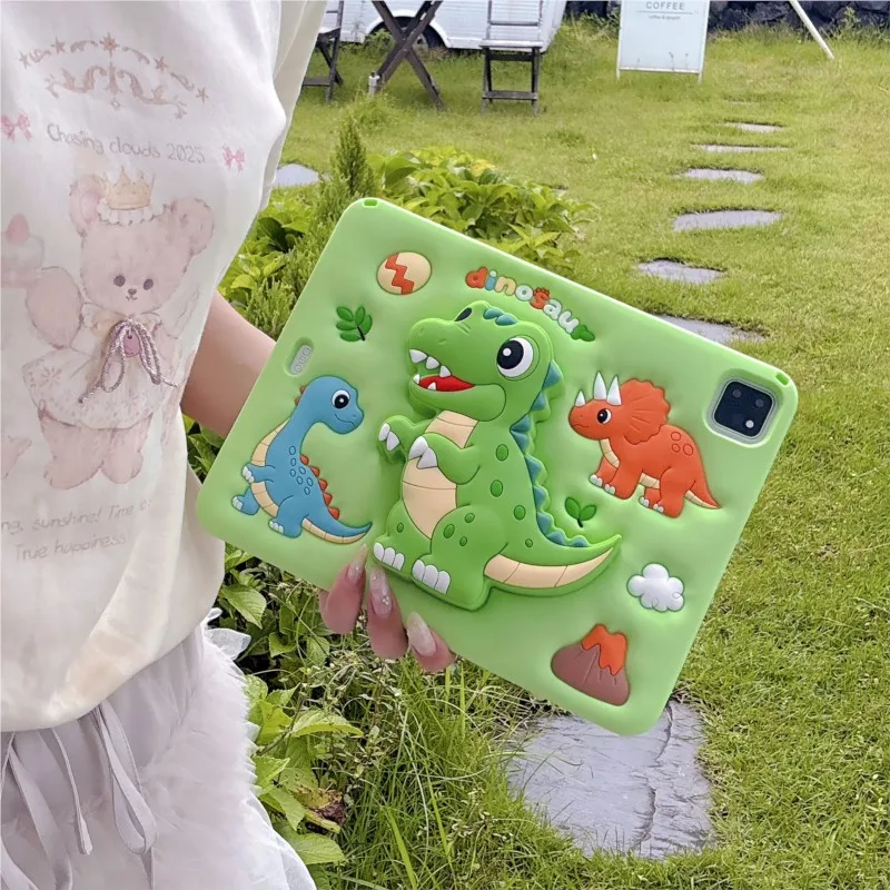 3D Dinosaur Silicone Shockproof Kids Carry Case with Stand and Shoulder Strap