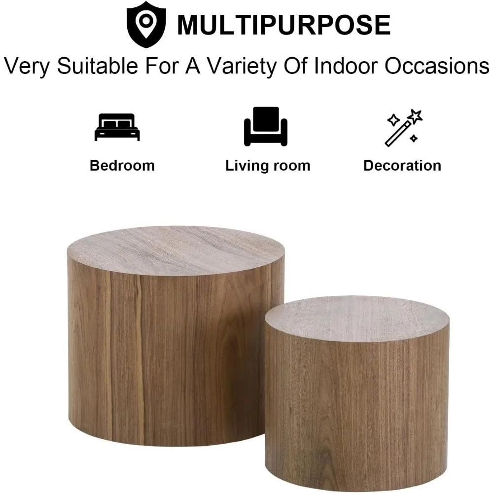 Nesting Coffee Table Set of 2, Modern Round Coffee Table with Non-Slip Feet, Walnut Wooden Circle Accent Tables for  Living Room 4