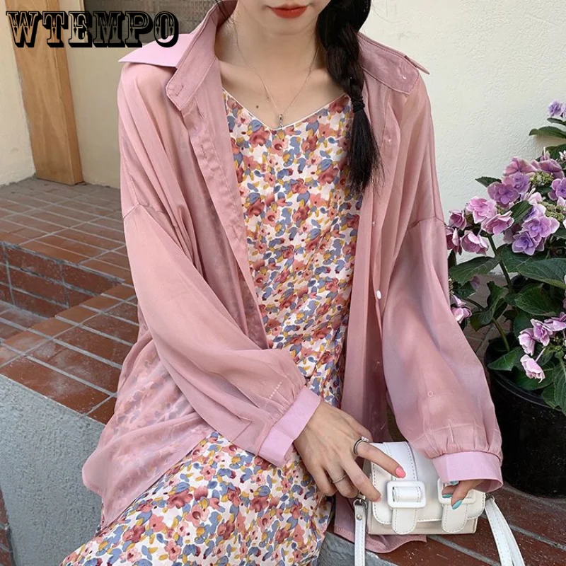 

WTEMPO Chiffon Shirt Women Summer Thin Sun Protection Shirt Solid Casual Top StreetWear Versatile Shirt Vintage Female Clothing