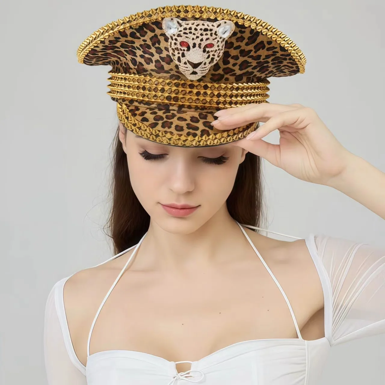 Polyester Rhinestone Hat Leopard Print Handmade Festival Captain Hat Military Cap Masquerade Party Men Women