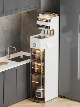 Armadietto portaoggetti stretto da pavimento per bagno, organizer sottile in plastica impermeabile con scatola per fazzoletti e ruote per lavanderia da cucina 1