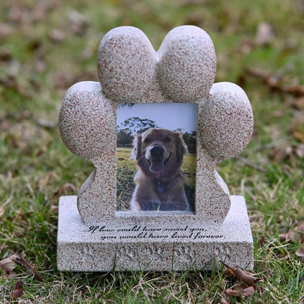 Pet Memorial Stones for Dogs, Waterproof Paw-Shaped Pet Grave Marker with Photo Frame, Memorial Loss Present for Dogs Cats Pets