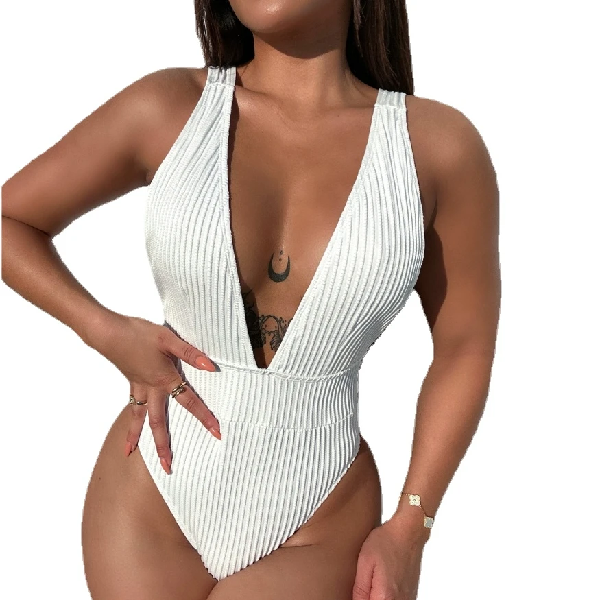 

New Summer Sexy Beachwear Solid Color Women's Bathing Suit V-neck Monokini One Piece Backless Swimwear Beach Style Swimsuit