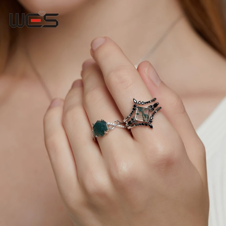 WES 925 Sterling Silver Crown Moss Agate Leaf Ring Sets for Women Mom Crystal Natural Gem Anniversary Jewelry Wholesale Gift 3