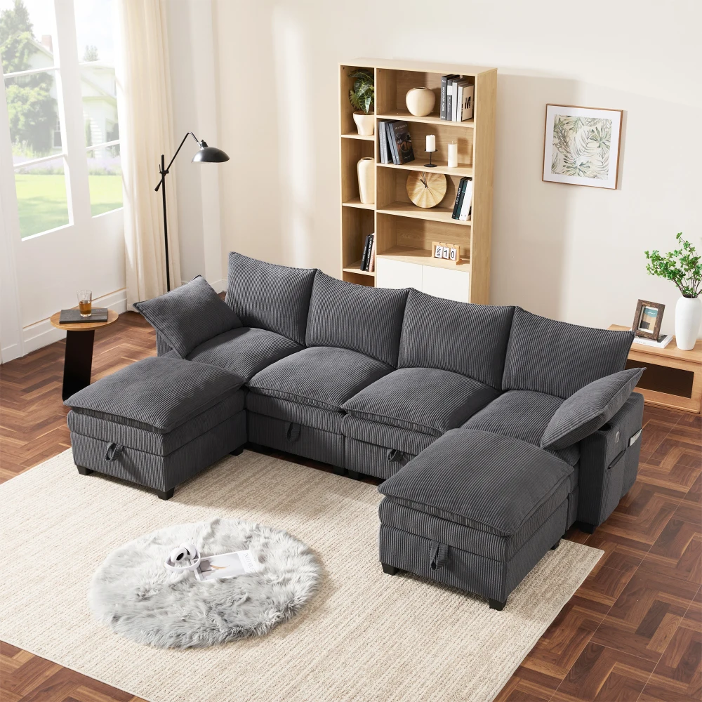 Modernes L-förmiges Sofa mit Kabelbefestigung, abnehmbarem Fußhocker, USB-Anschlüssen, Ablagefächern und Getränkehaltern, modulares Sofa – Detail 29