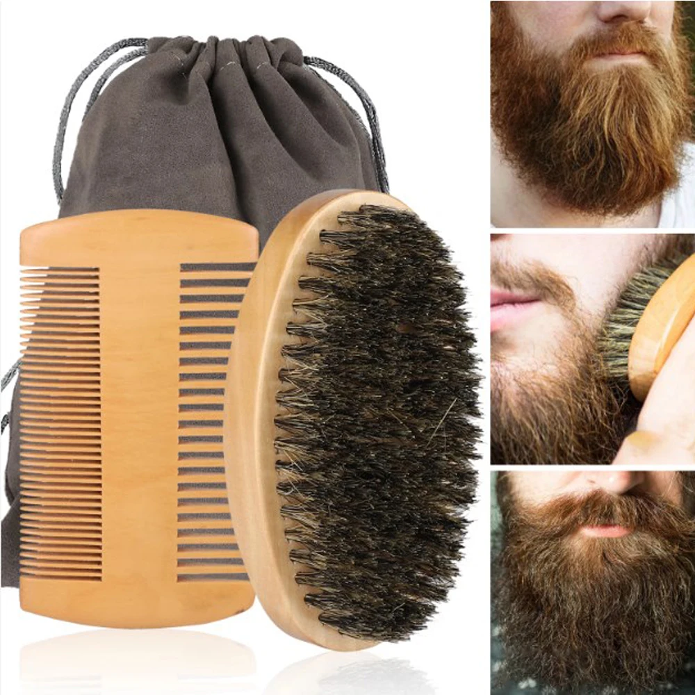 

Professional Soft Boar Bristle Wood Beard Brush Hairdresser Shaving Brush With Bag Men Mustache Comb Kit Cleaning Grooming Tool