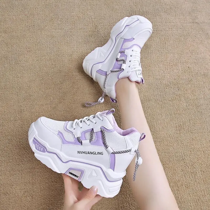 Purple Wedge Sneakers for Women Tennis Shoes Basket Femme Thick Platform Wedge Breathable Sport Shoes Ladi Heightening10cm