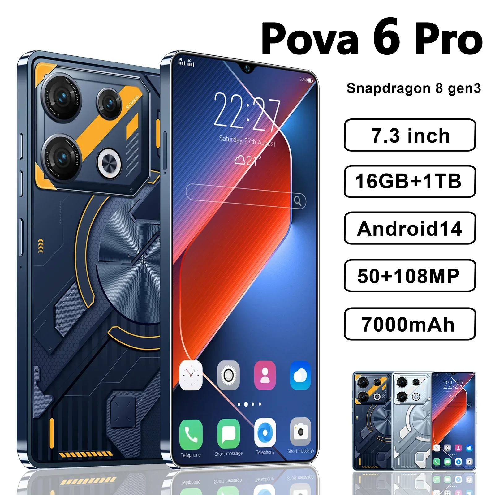 Оригинальный смартфон Pova 6 Pro, телефон с экраном 7,3 дюйма HD 16 ГБ + 1 ТБ, мобильный телефон с двумя SIM-картами, 50 + 108 МП, 7000 мАч, Android 14, разблокированный телефон