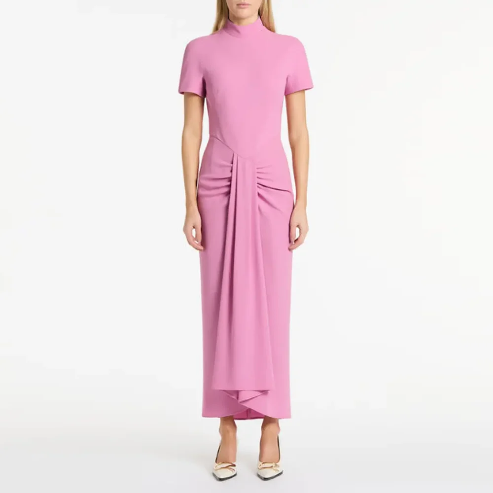 

Muloong Purple Fitted Waterfall Midi Dress High Neck Timeless and Classic Luxury Evening Dress Zipper up Evening Dresses