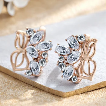 White Zircon Luxury Crystal Oval Stone Flower Hoop Earrings For Women Vintage Gold Color Ear Buckle Wedding Jewelry Party Gifts