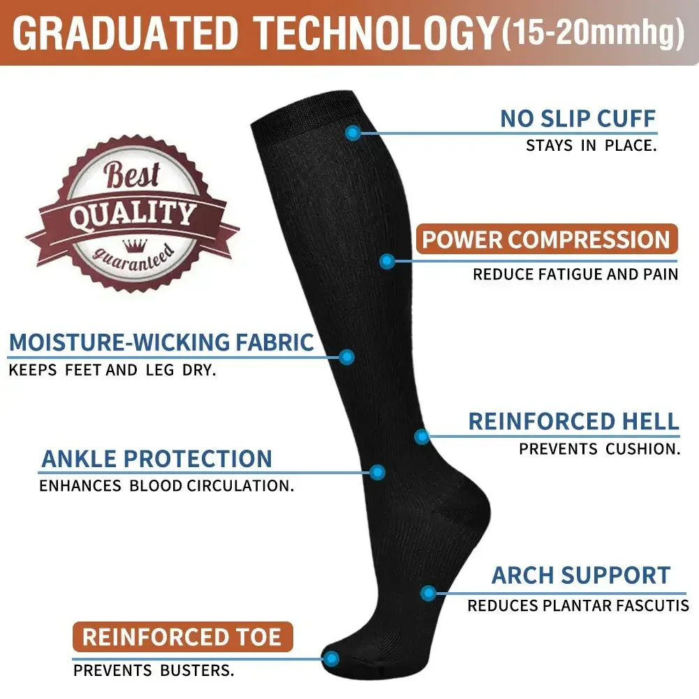 5 Paar Kompressionsstrümpfe für Herren, Laufsportsocken, kniehoch, 20–30 mmHg, medizinische Kompressionsstrümpfe für Ödeme und Krampfadern, Damen-Kompressionsstrümpfe – Detail 9