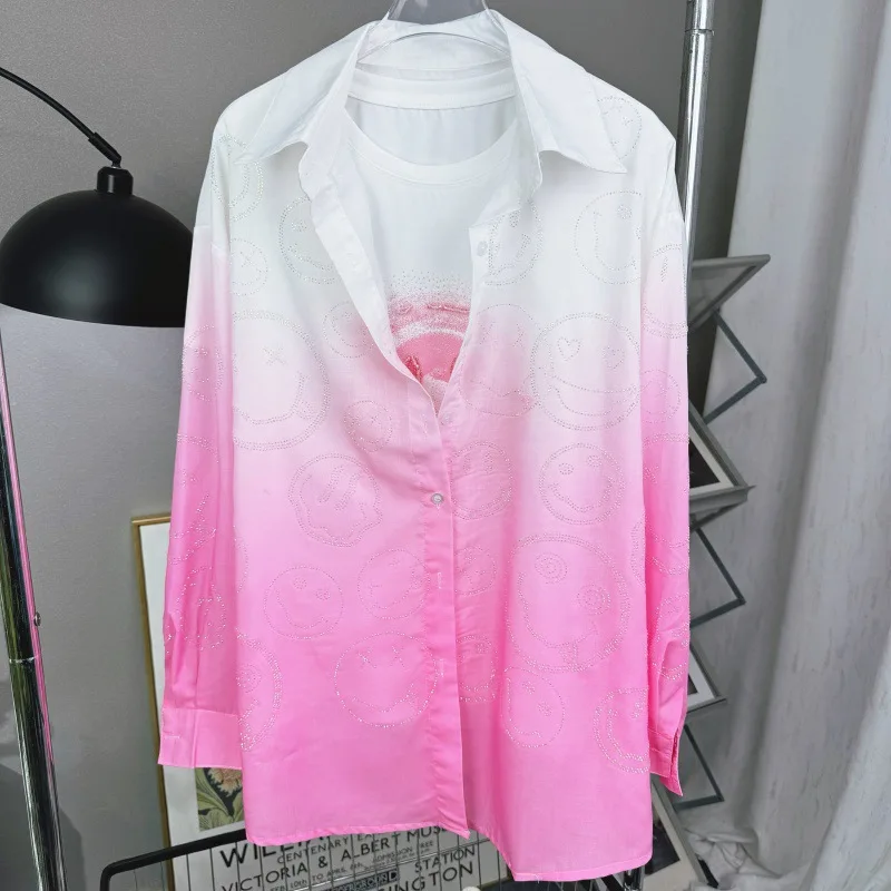 Fashion 2024 Summer Shirts Hot Drilling Tie-Dye Gradient Color Shirt Women's Thin Shirt Long Sleeve Sun Protection Clothes