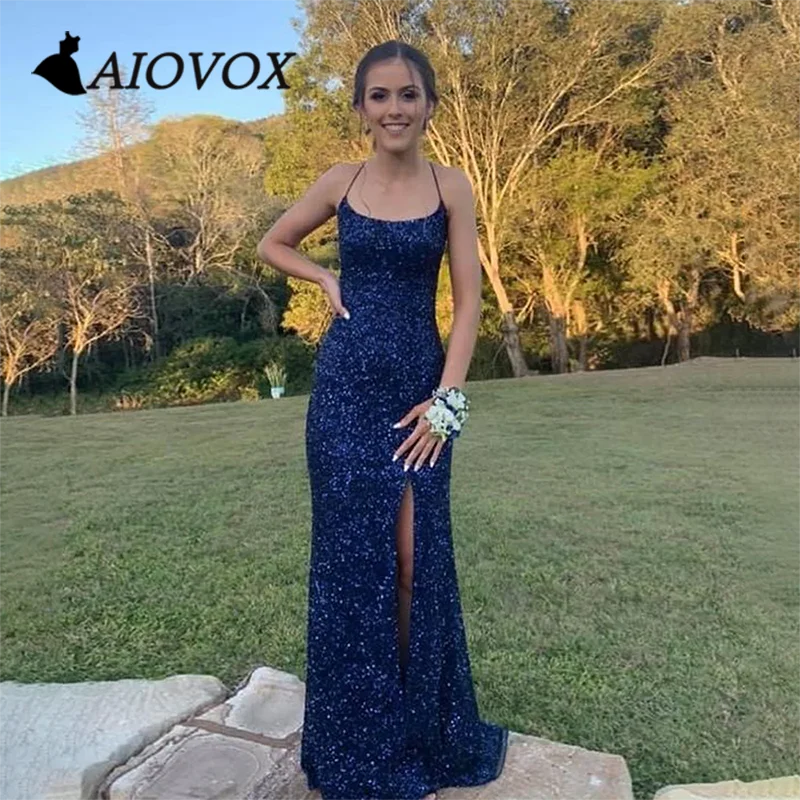 

AIOVOX Prom Dress Mermaid Sequin Cowl Neck Evening Gown Elegant Lace-up Spaghetti Straps Floor-length Vestido De Noche for Women