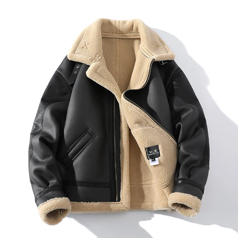 

Lapel fur one-piece jacket for men in winter warm plush thick imitation sheep skin short leather coat handsome motorcycle jacket