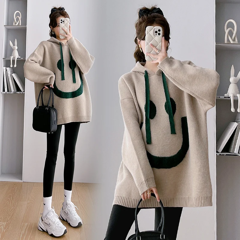 8005# Autumn Winter Knitted Maternity Sweaters Hoodies Loose Shirts Clothes for Pregnant Women Pregnancy Coats Tops