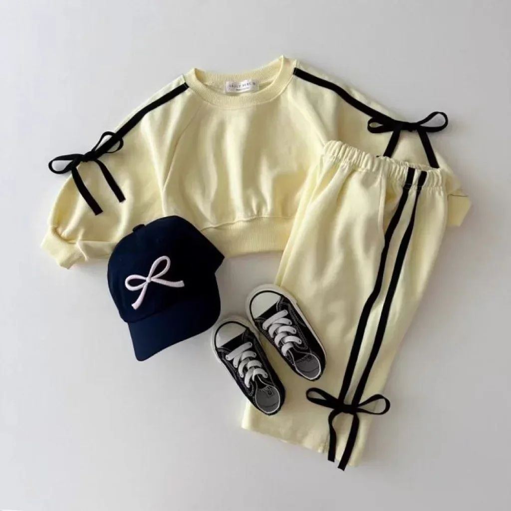 Baby Clothing Set Autumn Korean Sports Girl's Two-piece Suit Bow Bar Splicing Sweater + Pant