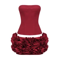 VC Christmas Dress Strapless Red Structured Top With Floral Embellished Mini Skirt Bodycon Celebrity Party Cocktail 2 Pieces Set - Image 3