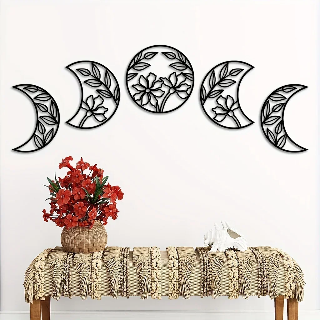 

HELLOYOUNG 5pcs Moon Phase Wall Mounted Decor Flower Leaf Home Art Decor Metal Moon Phase Nordic Decoration Wall Ornament Living