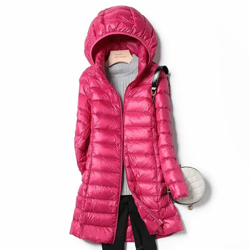 Off-season plus size autumn and winter down jacket women's long lightweight Korean slim hooded coat thin and detachable hat.