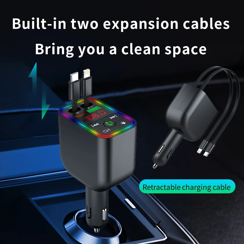 Wireless In-car MP3 Player with 2 Retractable Cables Fast Charger 7-Colors Led Music Player Hands Free Call Car Charger Adapter