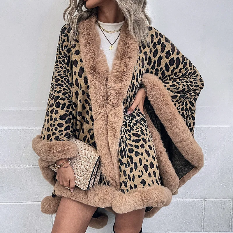 

2023 Autumn And Winter New Fashion Hair Collar Cape Cardigan Leopard Print Shawl Warm Jumper Women Outdoor Poncho