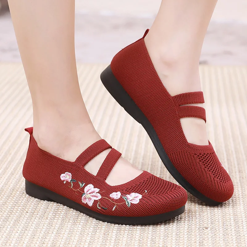 Women's National Style Floral Embroidery Ballet Flats Foldable Mesh Bohemia Walking Beach Lightweight Breathable Shoes Woman