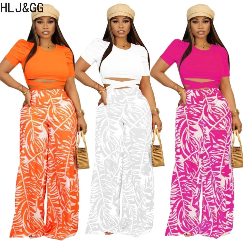 HLJ&GG Fashion Printing Wide Leg Pants Two Piece Sets Women Round Neck Short Sleeve Crop Top And Pants Outfits Female Tracksuits