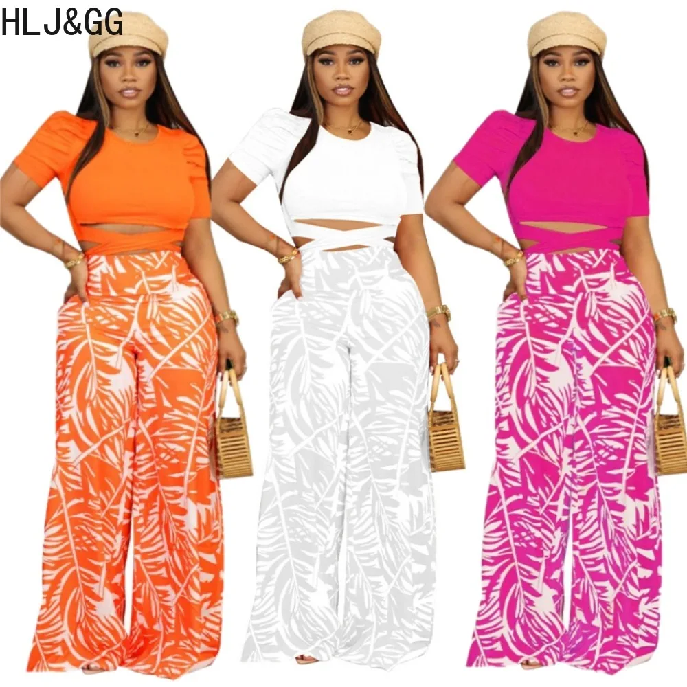 

HLJ&GG Fashion Printing Wide Leg Pants Two Piece Sets Women Round Neck Short Sleeve Crop Top And Pants Outfits Female Tracksuits
