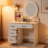 Modern Makeup Vanity Table with Mirror & Lights, Extra Storage Shelves, 4-Drawer Dressing Table, Cosmetic Desk with Organizer
