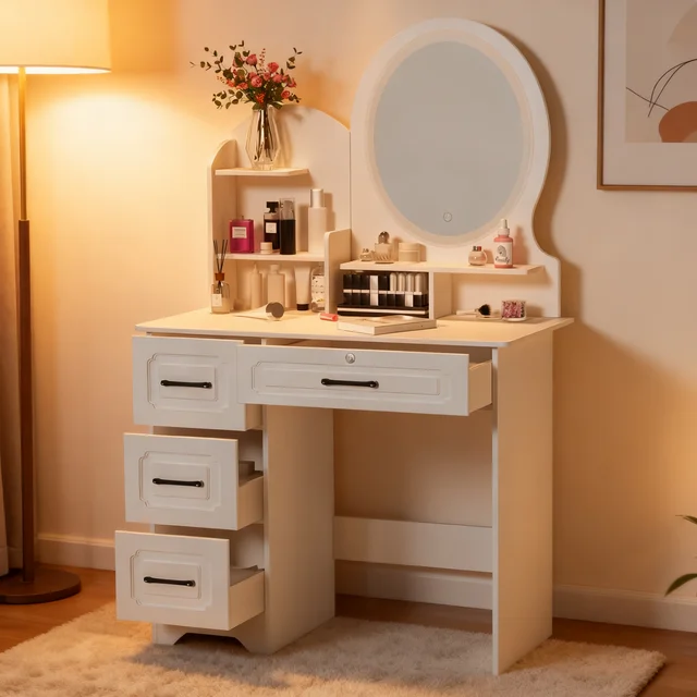 Modern Makeup Vanity Table with Mirror & Lights, Extra Storage Shelves, 4-Drawer Dressing Table, Cosmetic Desk with Organizer