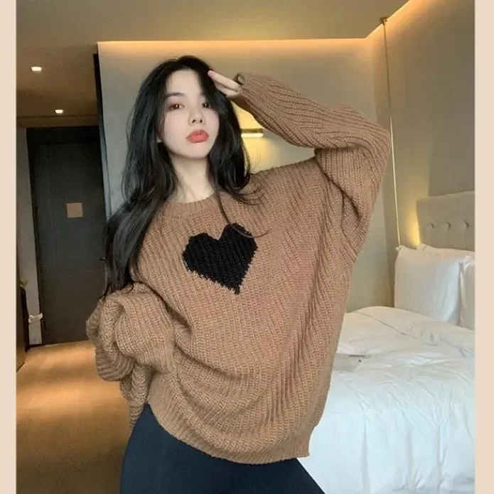 αγάπη πουλόβερ γυναικεία μόδα στρογγυλή λαιμόκοψη χρώμα μπλοκ μακρυμάνικο πουλόβερ πουλόβερ φαρδύ πλεκτό ευέλικτο τοπ υπερμεγέθη πουλόβερ