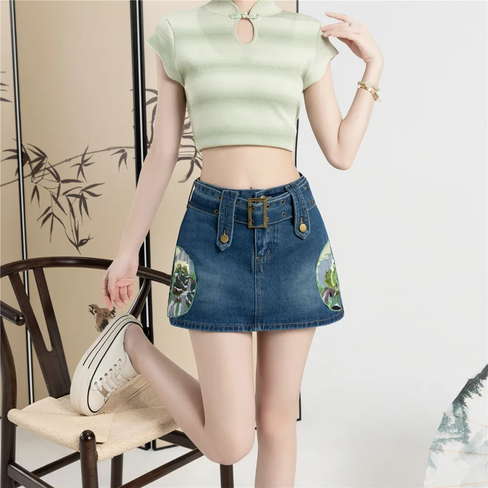 

Short Chinese Style Embroidery Denim Skirt Women's New Retro Slimming Anti-Emptied A- Line Hip-Wrapped Skirt